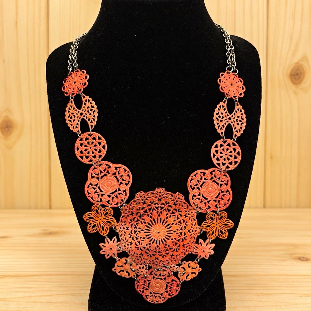 Statement  Filigree Floral Flower Pendant Necklace Silver Tone Cable Chain [JB2]